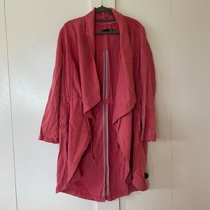 Deep pink/coral colored long sleeve open jacket with tie